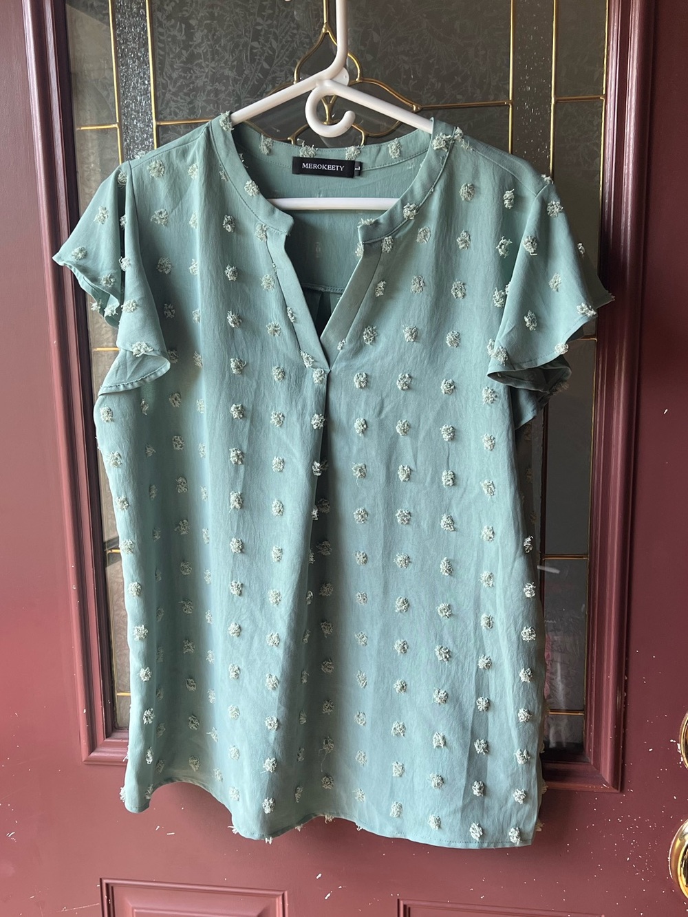 Merokeety Sage Green Textured Flutter-Sleeve Blouse